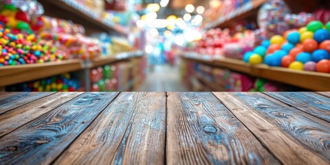 Wooden table with a view of a candy store