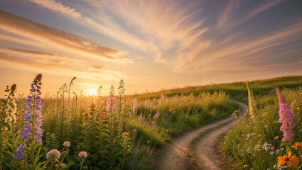 Obraz premium A lush wildflower meadow bathed in the warm golden light of the setting sun with flowers sway gently in the breeze