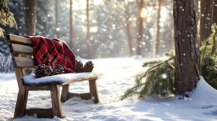 A wooden bench covered in snow with a red and black plaid blanket in a snowy forest with pine cones.