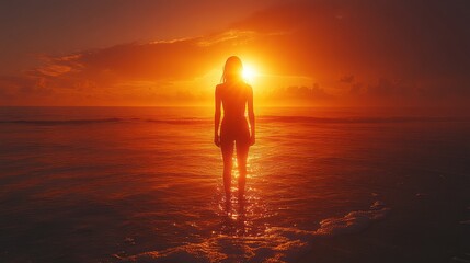 Fototapeta premium Silhouette of woman standing in ocean at sunset.