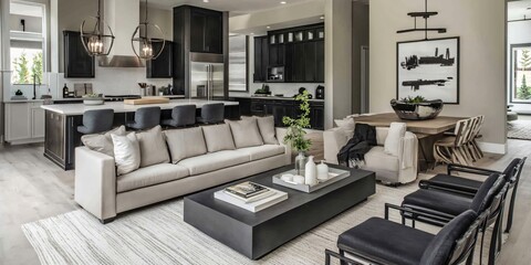 Fototapeta premium Contemporary interior design with a modern aesthetic, featuring sleek furniture, neutral color schemes, and open layouts that create a functional and stylish living or working environment.