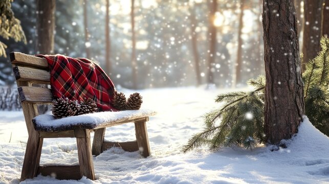 A wooden bench covered in snow with a red and black plaid blanket in a snowy forest with pine cones.