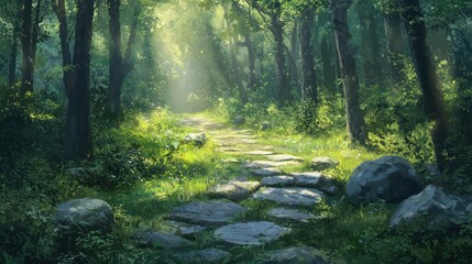 Obraz premium A sunlit stone path winding through a lush forest, with dappled light filtering through trees, guiding the way along a vibrant green trail