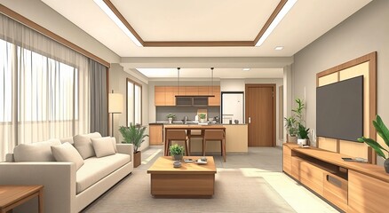 Fototapeta premium Contemporary interior design with a modern aesthetic, featuring sleek furniture, neutral color schemes, and open layouts that create a functional and stylish living or working environment.