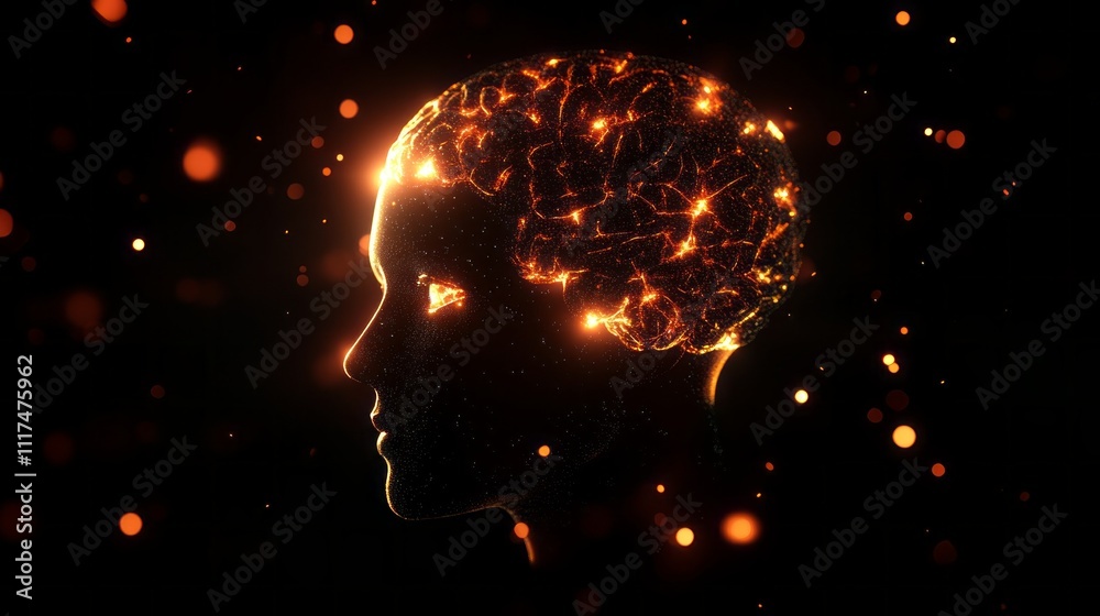 Poster This captivating visual features a human head, intricately designed with glowing neural patterns, set against a dark, dramatic backdrop. The illumination creates a striking contrast
