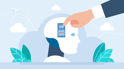 Artificial intelligence and machine learning concept. Hand push button. AI technology. Productivity and project management skills. Artificial intelligence in future. Flat illustration