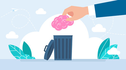 Brainwashing and internet propaganda. The brain is in the garbage can. Mind in the dustbin. Brain power, idea, knowledge. Delete, throw away, forget, erase. Business concept. Flat illustration © Yurii