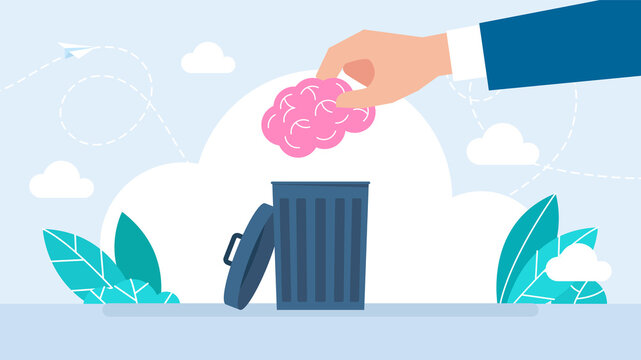 Brainwashing and internet propaganda. The brain is in the garbage can. Mind in the dustbin. Brain power, idea, knowledge. Delete, throw away, forget, erase. Business concept. Flat illustration