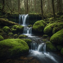 Fototapeta premium A hidden waterfall surrounded by mossy rocks in a forest.