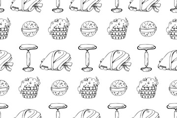Sauna accessories sketch vector background. Hand drawn spa elements collection. Doodle sauna seamless pattern on white background.