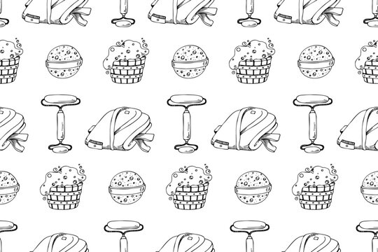 Sauna accessories sketch vector background. Hand drawn spa elements collection. Doodle sauna seamless pattern on white background.