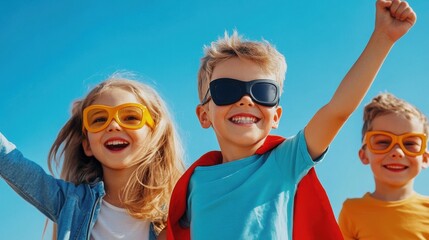 Happy children wearing colorful sunglasses and capes celebrating against a bright blue sky in summer joy