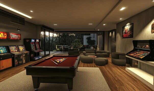 A modern game room featuring a pool table and arcade machines.