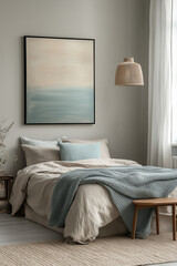 A modern interior of the bedroom in a minimalist style, light beige tones, pastel turquoise accents, painting