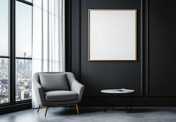 Modern and minimalist living room with a sleek black color scheme, featuring a comfortable and youthful vibe, complemented by blank decorative art pieces and plenty of negative space, creating a clean