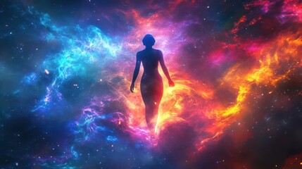 Craft a visual of an ethereal entity moving upwards amidst luminous holographic levels signifying spiritual progress Psychedelic 3D creation with vibrant neons