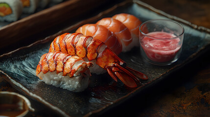 Sushi and shrimp delicacies japanese restaurant food photography elegant setting close-up view
