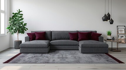 Modern living room mockup with grey rug, charcoal sofa, burgundy pillows, chic decor, sleek and stylish home design, cozy ambiance