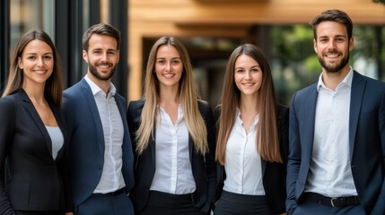 Fototapeta premium Professional Business Team Posing Together in Modern Office Environment with Smiling Faces and Stylish Attire Emphasizing Teamwork and Collaboration