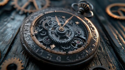 Intricate steampunk pocket watch with visible gears and mechanisms.