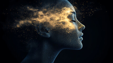 A serene young woman with a dreamy expression, her head encased in swirling golden particles and light, creating an ethereal and mesmerizing effect against a dark background.