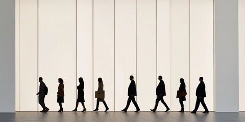 A group of people walking down a hallway. The people are all dressed in business attire. The hallway is very long and the people are walking in a line