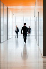 Fototapeta premium A man in a suit walks down a hallway with other people. The hallway is very long and has a lot of windows. The man is the only one in the foreground, and the others are in the background