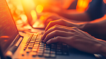 Close-up of a person's hands typing on a laptop keyboard, backlit by a warm sunset glow, evoking a sense of concentration and creativity in a tech environment.