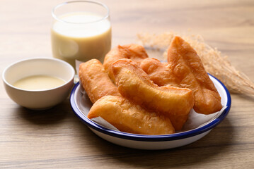 Asian deep fried dough eaten with soy milk and condensed milk, Thai style breakfast