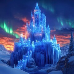 Obraz premium Design a magical Winter Wonderland with a towering ice palace gleaming under the Northern Lights