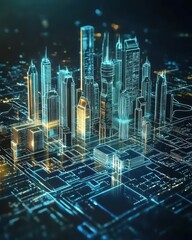 A futuristic cityscape with glowing skyscrapers and digital elements.