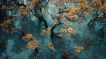 Aerial View of Mangrove Trees with Yellow Leaves in Teal Water