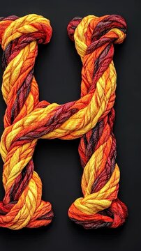 Colorful woven letter H designed with vibrant orange, yellow, and red ropes on a black background for creative decoration