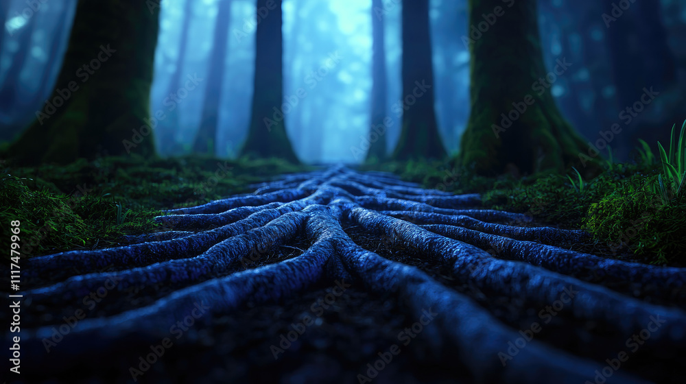 Leinwandbilder mystical forest scene with twisted roots under a canopy of tall trees and soft blue light.