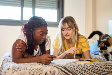 Multiethnic students studying together on a bed with a cat