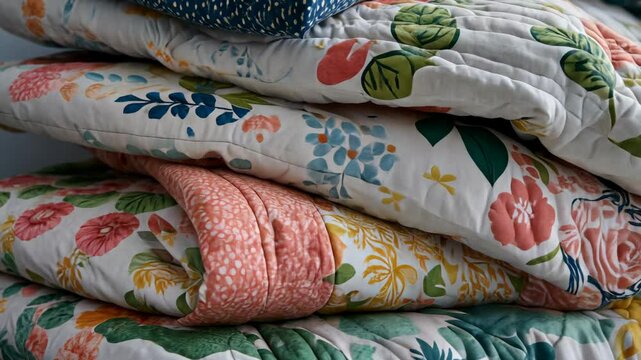 Colorful quilts stacked in a cozy bedroom showcasing intricate floral patterns and soft fabrics