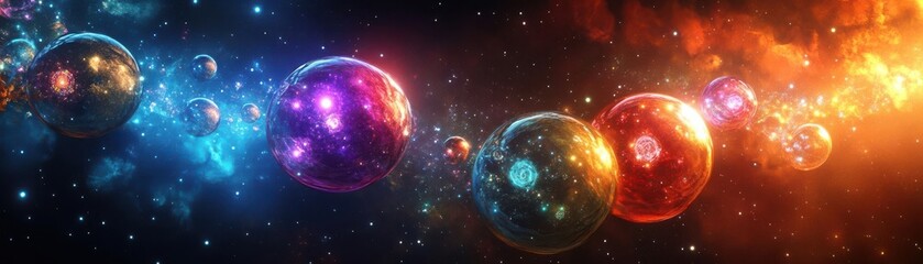 Illustrate a series of interconnected holographic orbs symbolizing chakras, set at a dynamic tilted angle view Digital art, Psychedelic vibes, Rich hues