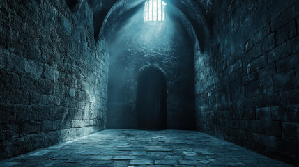 Gothic stone corridor with arched ceiling and mysterious doorway illuminated by ethereal blue light beams, creating a mystical and ancient atmosphere.