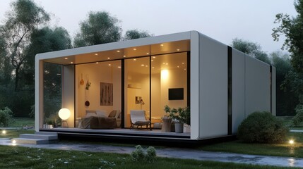 Fototapeta premium A modern small house design in 3D with open spaces, bright lighting, and minimalist furniture