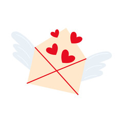 Envelope with wings and hearts. Love in messages. Perfect for Valentines day. Vector illustration, flat style isolated on white background.