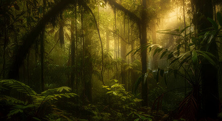 Naklejka premium Rainforest Canopy Background with Sunlight Rays