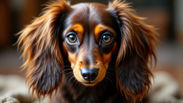Long-haired dachshund looking up at camera with a soft expression.