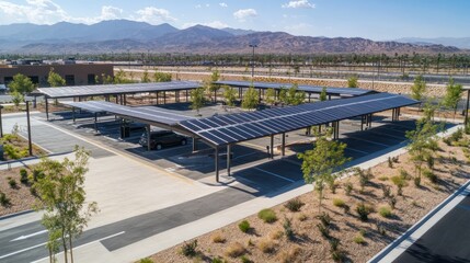 A modern solar-powered parking lot with sleek solar panel canopies providing shade and energy for electric vehicles