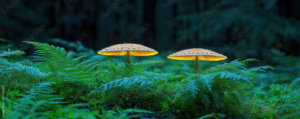 Poster two luminous mushrooms emerge from lush green ferns in a serene forest environment.