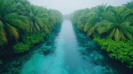 Fototapeta premium Serene Tropical River Lush Green Palms Misty Morning Aerial View