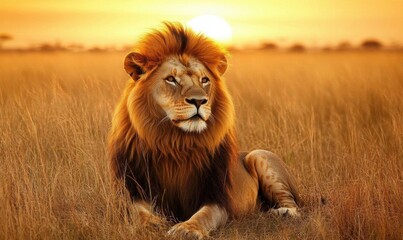 A majestic lion resting in golden grass during sunset.