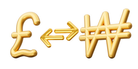 3d Golden Pound And Won Symbol Icons With Money Exchange Arrows On White Background, 3d illustration
