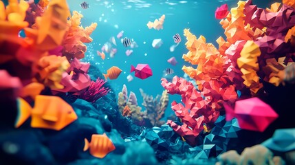 Vibrant Underwater Scene Featuring Colorful Fish and Abstract Coral in a Stunning 3D Render with Bright Colors and Detailed Textures