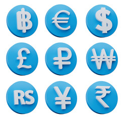 3d Set Of Nine White Currency Symbol With Rounded Blue Icons On White Background, 3d Illustration
