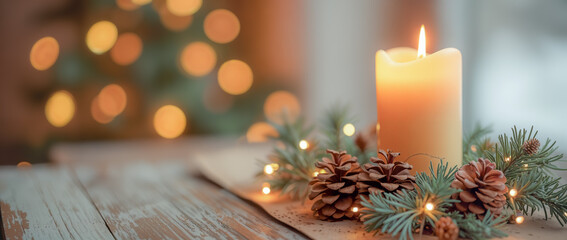 burning candle with pine cones evergreen accents on rustic wood